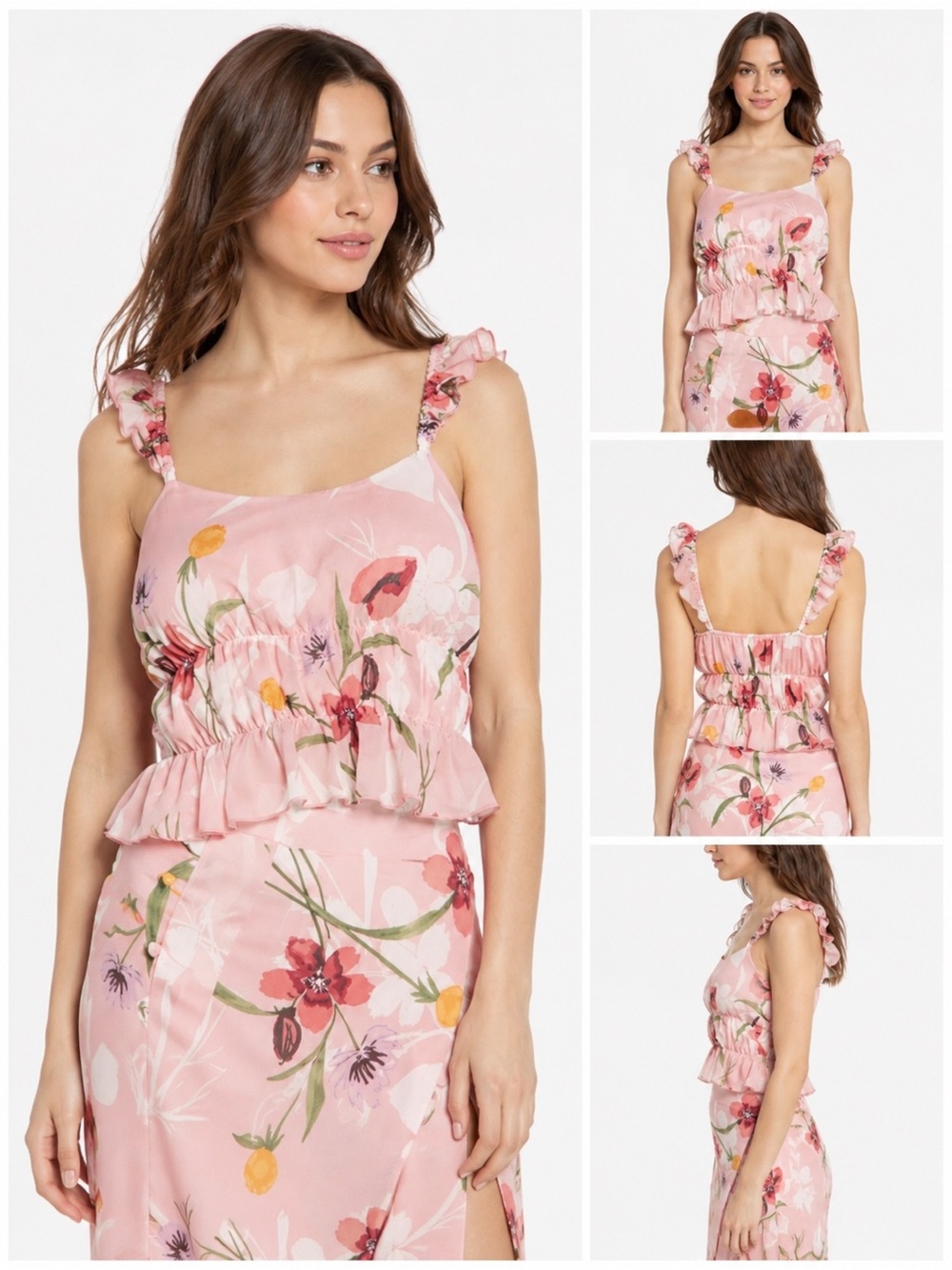 NWT LEITH Nordstrom Pink Floral Tank Top Blouse Ruffled Sleeves Ruched Cropped